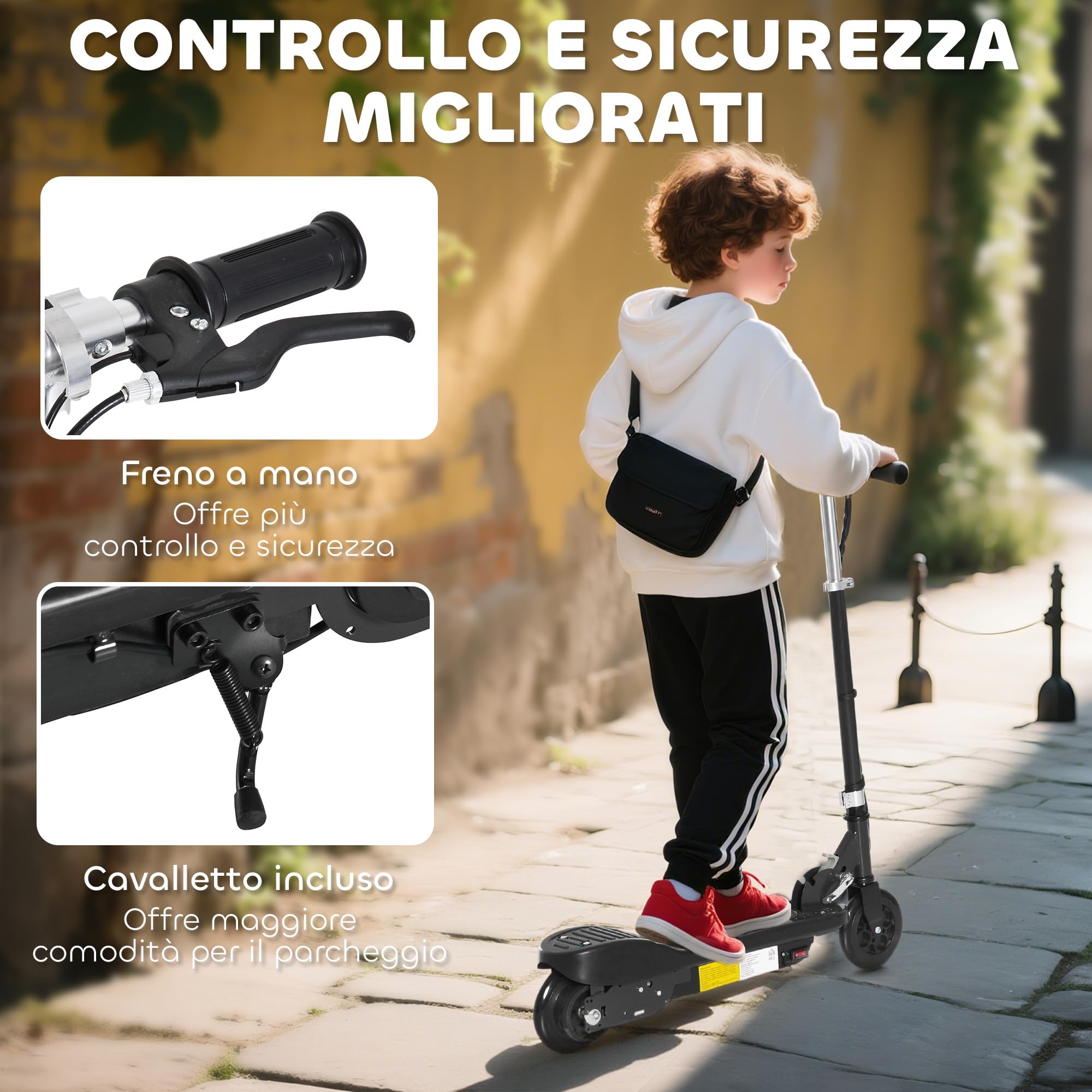 HOMCOM Monopattino Elettrico per Bambini Pieghevole 120W, Altezza Regolabile, Scooter per Bambini con Ruote in PU, Freno Posteriore, Velocità Max 12km/h e Portata 50kg, 7-14 Anni, 74x36x69-91 cm, Nero