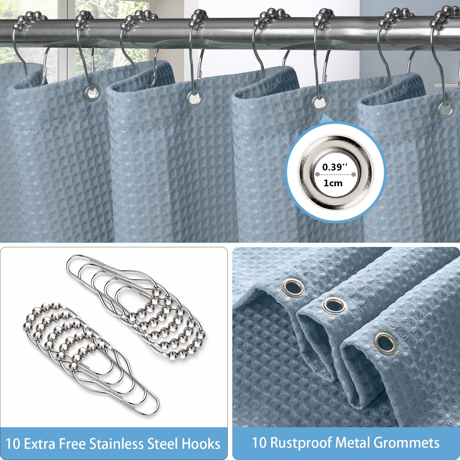 VANZAVANZU Shower Curtain for Bathroom with Metal Hooks Waffle Fabric Shower Curtain Heavy Duty Bath Curtain for Wet Room Bathtub Shower Stall Weighted Hem - Image 4