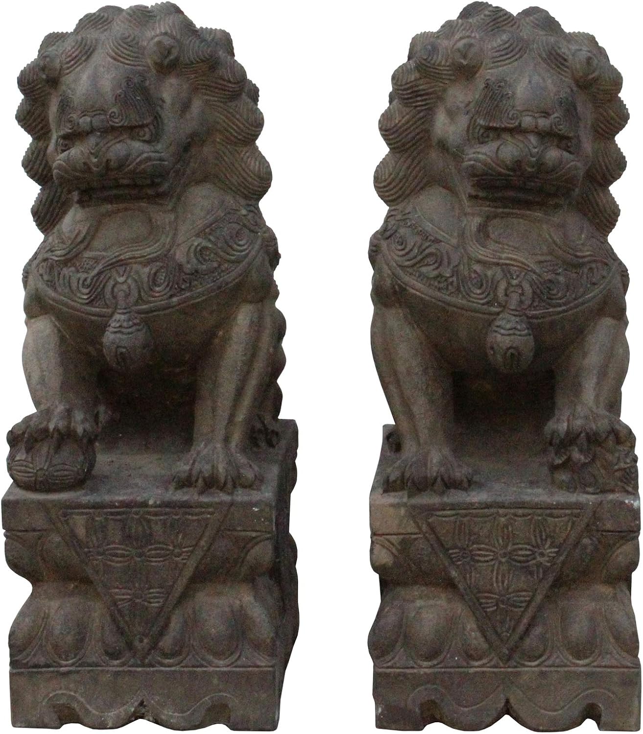 Chinese Pair Distressed Brown Gray Stone Fengshui Foo Dogs Statues Acs4697
