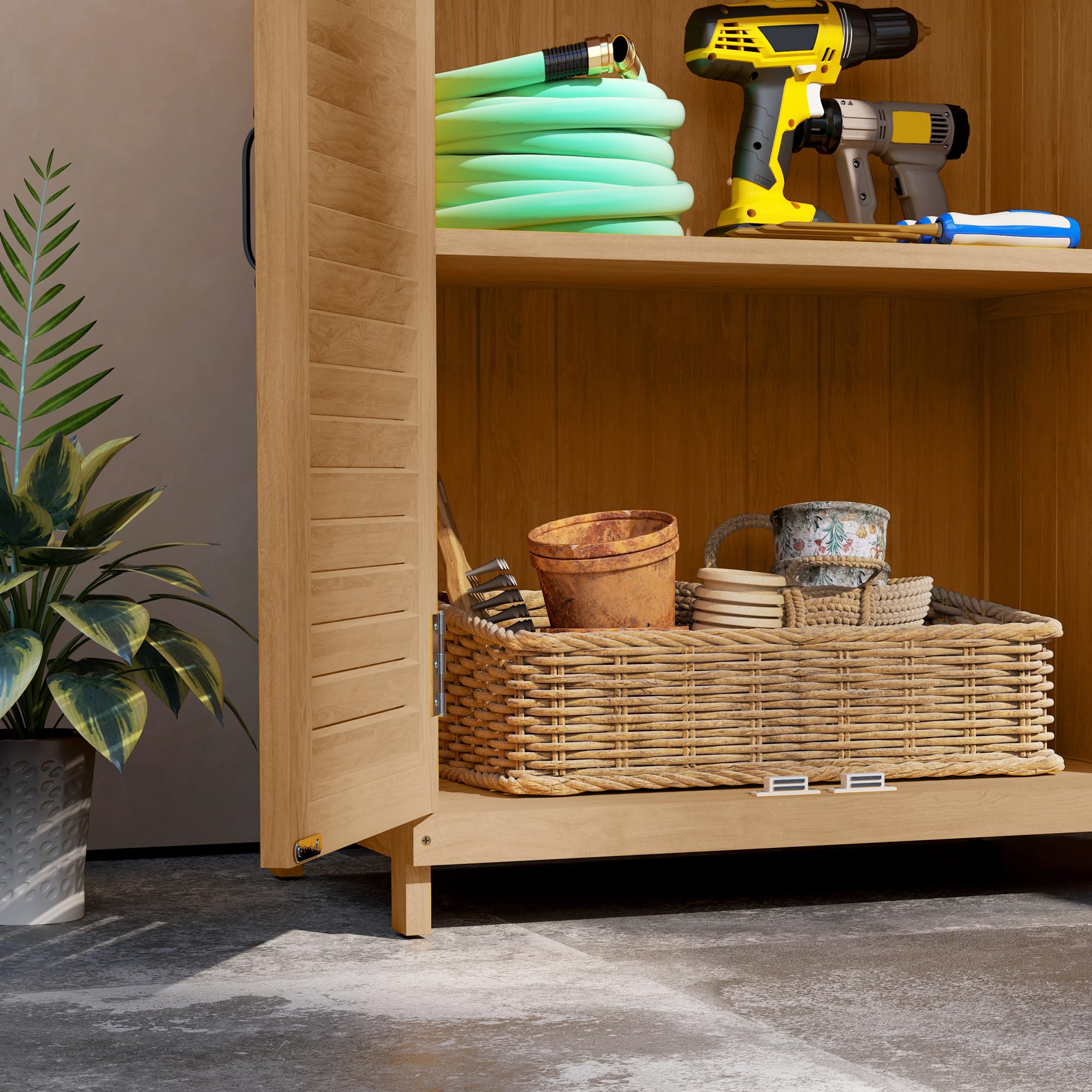 Outsunny Gartenschrank Holz, Geräteschuppen mit Arbeitsfläche, wetterfest Geräteschrank, 65,5x40x98,5cm, Gerätehaus mit Lamellentür, Ablagen, Werkzeugschrank Gartenschuppen für Garten, Terrasse, Gelb