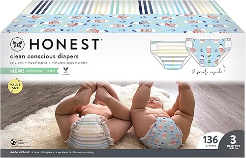 Miniatura 25 de The Honest Company - Super Club Box, pañales Clean Conscious, estampado Rainbow Stripes + Flower Power, talla 3, 136 unidades (el empaque puede