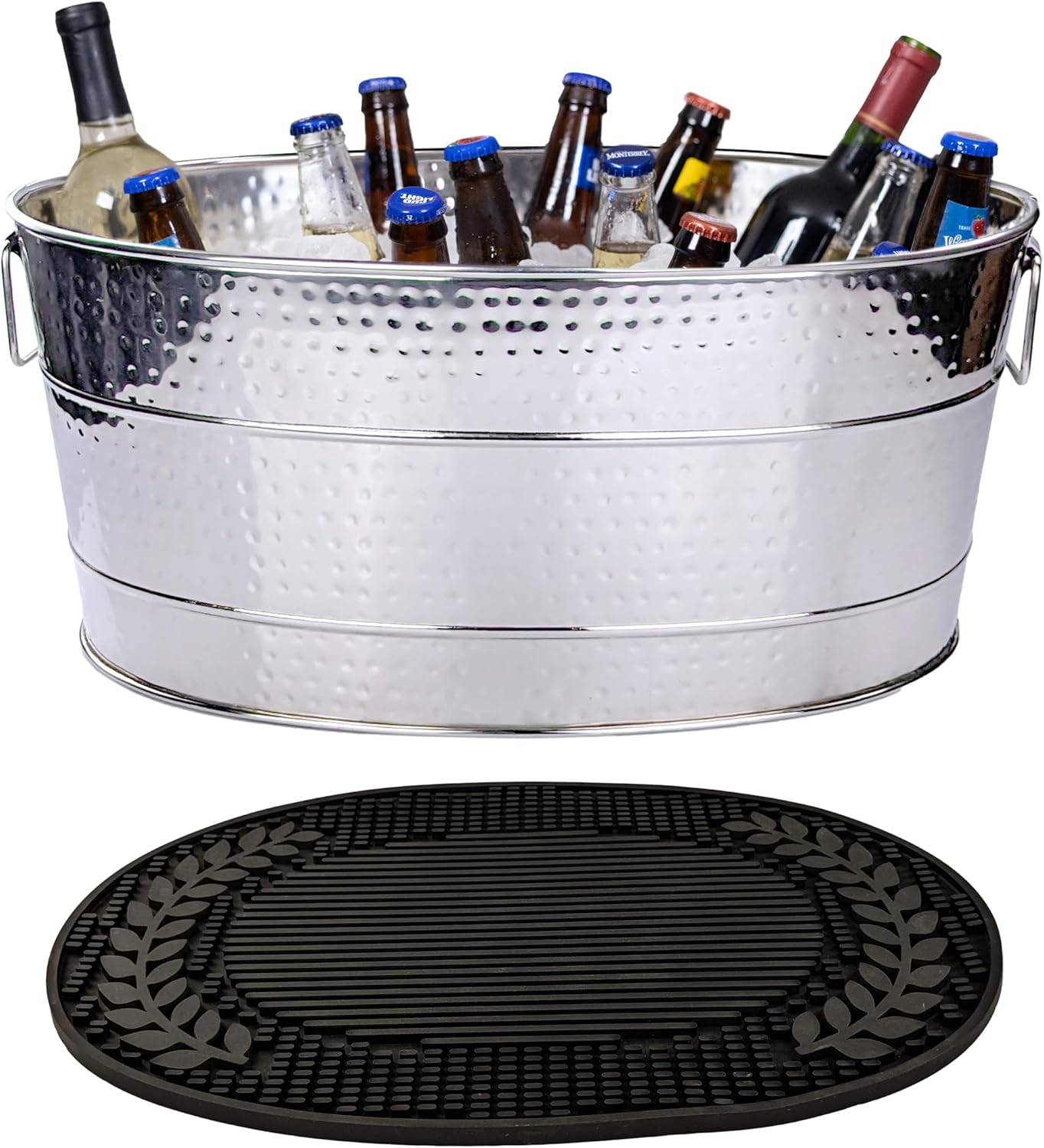 BREKX Stainless Steel Beverage Tub + Insulated Multi-Functional Bar Mat for Parties & Events (6-Gallon), Large Ice Bin for Drinks with Rubber Drying Mat Set