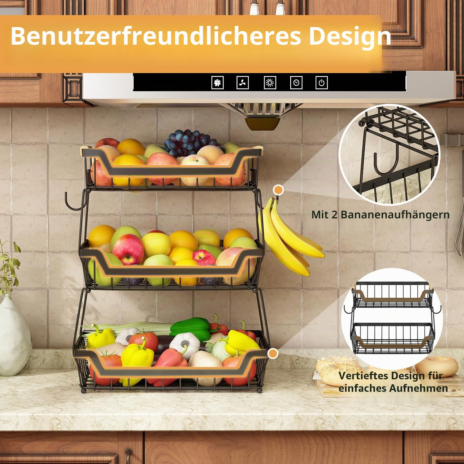 GILLAS Obstkorb mit 3 Etagen und 2 Bananenaufhängern für die Küche, abnehmbarer Metall-Organizer für Brot, Gemüse, Obst, mit Holzgriff, große Kapazität, rechteckiger Aufbewahrungsständer, Schüsseln,