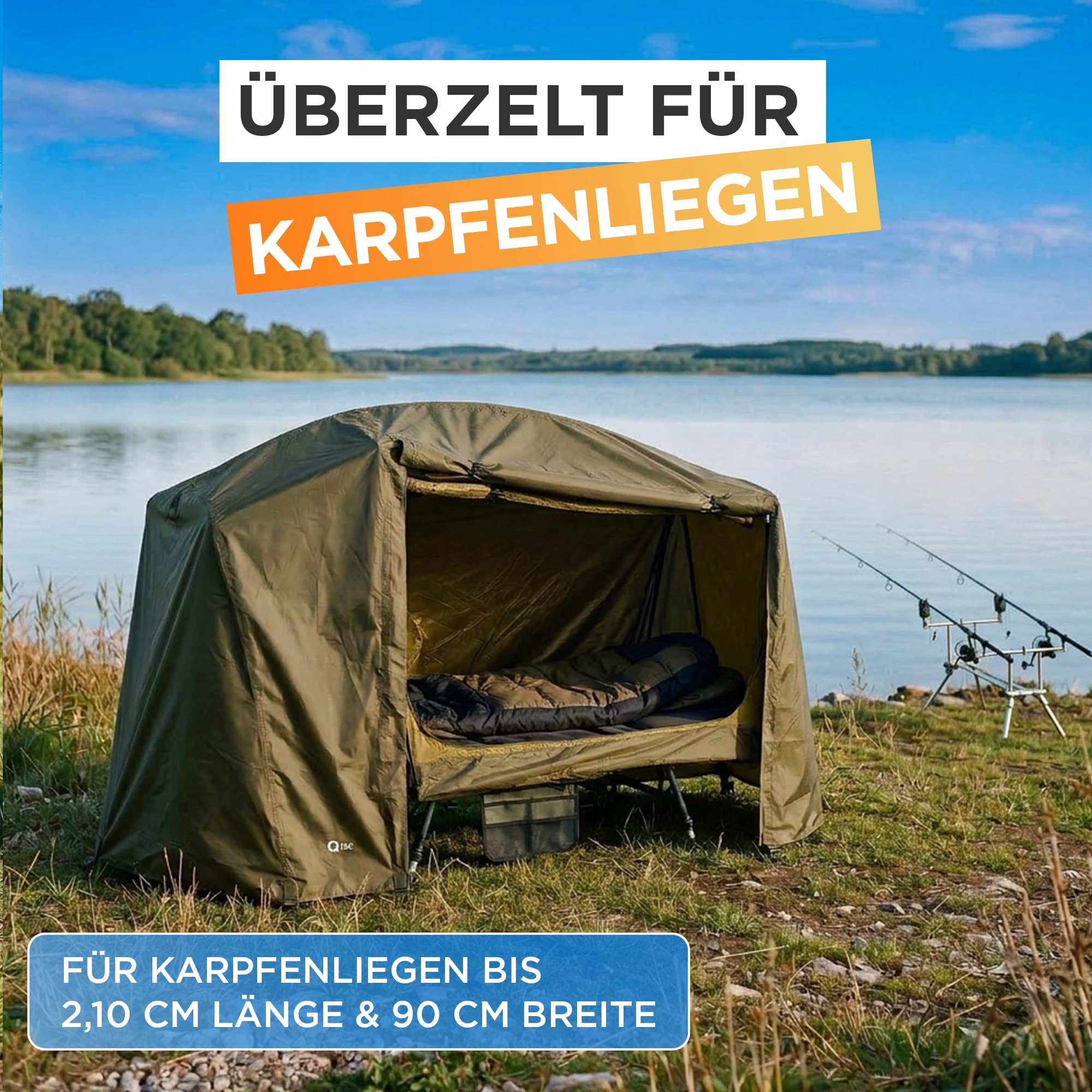 Überzelt für Karpfenliegen bis 210 cm – Bedchair Cover mit Moskitonetz – 210D PU-beschichtetes Zeltmaterial – Zelt für Angelliege – inkl. Tragetasche & Heringe – Liege Nicht enthalten