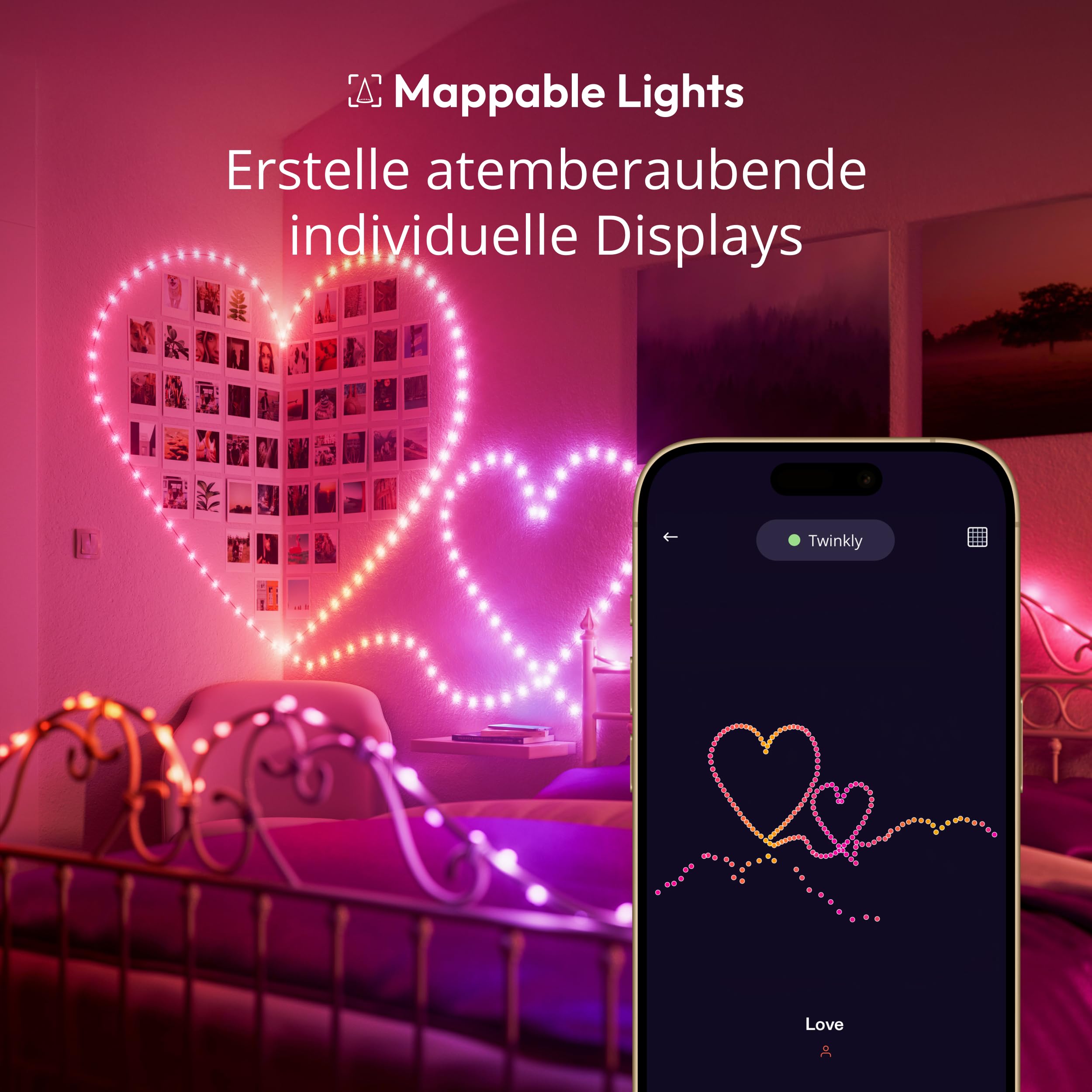 Twinkly Strings USB-C Hearts 100 LED, LED-Lichterkette in Herzform, RGB LED-Lichter Mehrfarbig, Lichter zum Valentinstag, Kompatibel mit Alexa und Google Home, USB-C, Transparentes Kabel, 6m