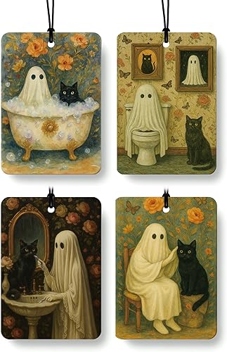 Miniatura 15 de Ambientador de coche lindo de Halloween, 4 piezas, diseño de calabaza retro espeluznante, fantasma, esqueleto humorístico, ambientador colgante para