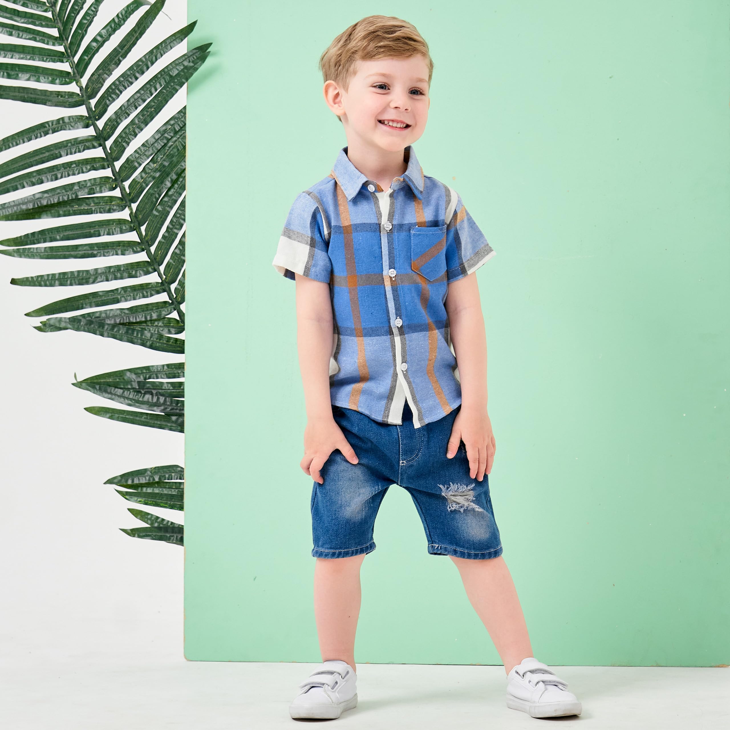Volunboy Completi Estivi Bambino, Manica Corta Camicia Quadri + Short Jeans Blu Strappati 2 Pezzi Set