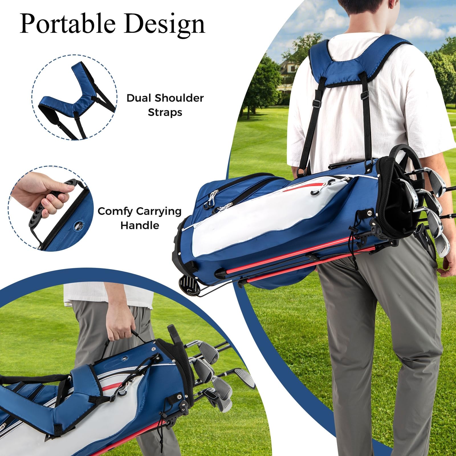 LIFEZEAL Komplettes Golfset für Herren, Golfset tragbar rechts, Tasche mit 7 Fächern, Putter, 3 Holz: Driver #1, Fairway #3, Hybrid #4, 5 Nadeln: #6, #7, #8, #9, Pitching Wedge