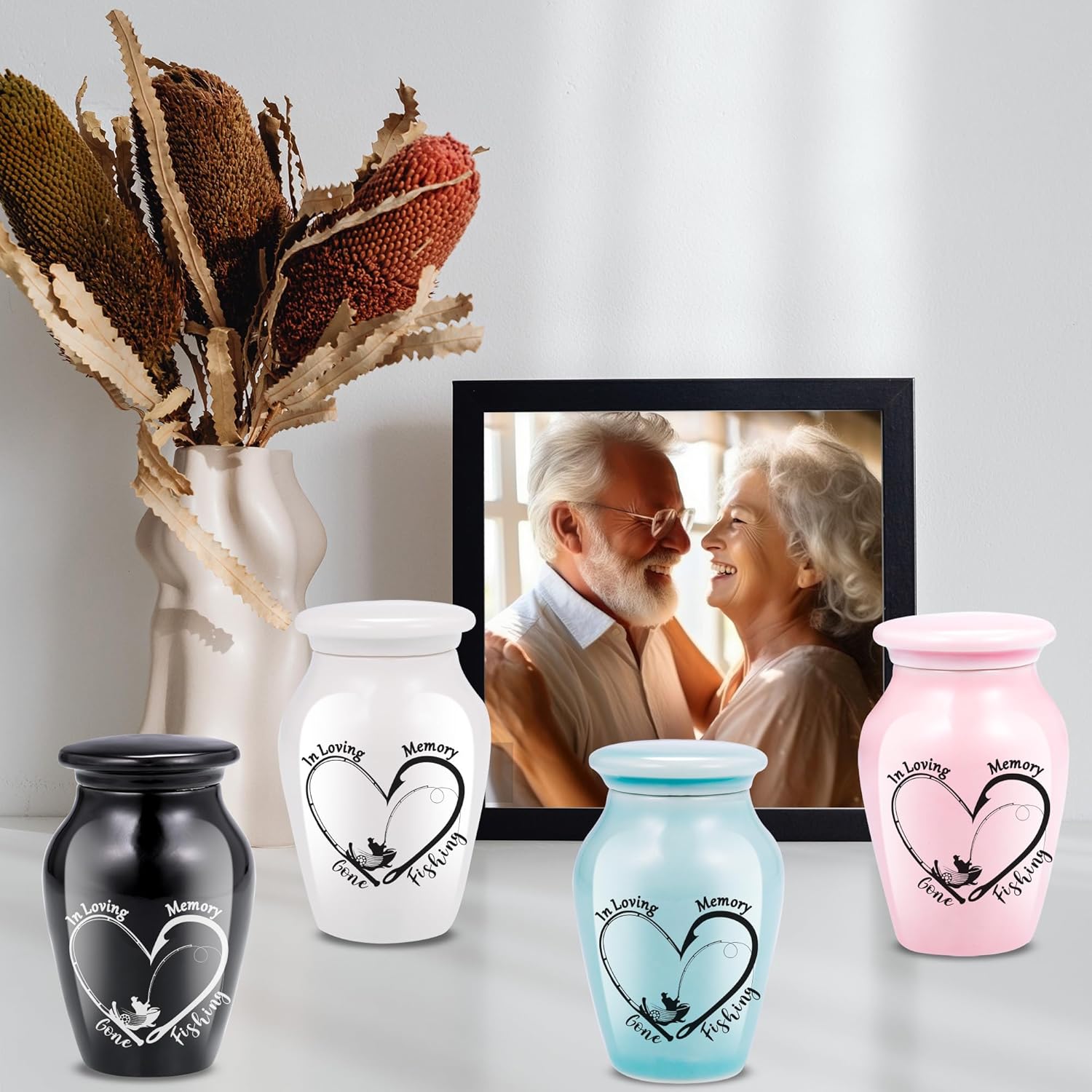 Gone Fishing Keepsake Urns for Human Ashes - Set of 4 Mini Shareable Ceramic Memorial Urns with Heart Pattern in Black, Pink, White,Lightblue