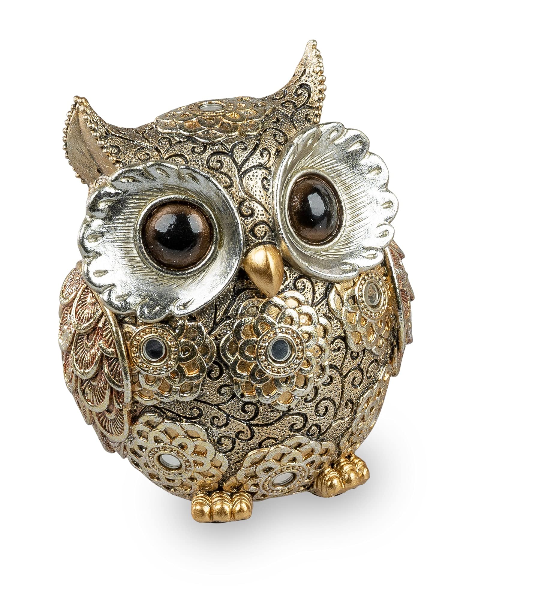 formanoDecorative Owl Figurine 12 cm Bird Relief + Mirror Elements in Gold-Silver Made of Artificial Stone