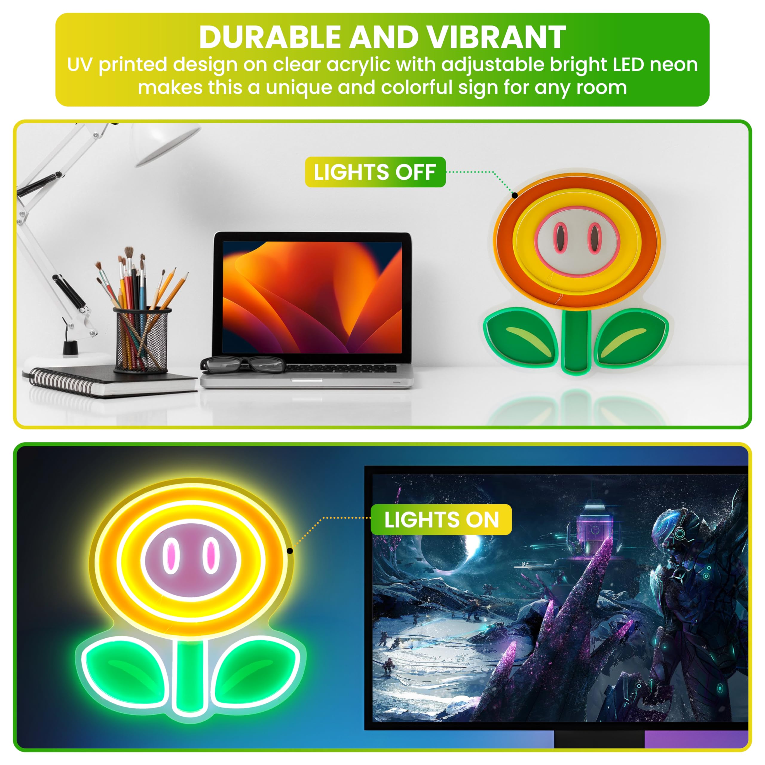 Fire Flower LED Gaming Neon Sign con modalità di illuminazione dimmerabile per camera da letto, decorazione della sala giochi, camera dei bambini, grotta degli uomini, decorazione da parete e