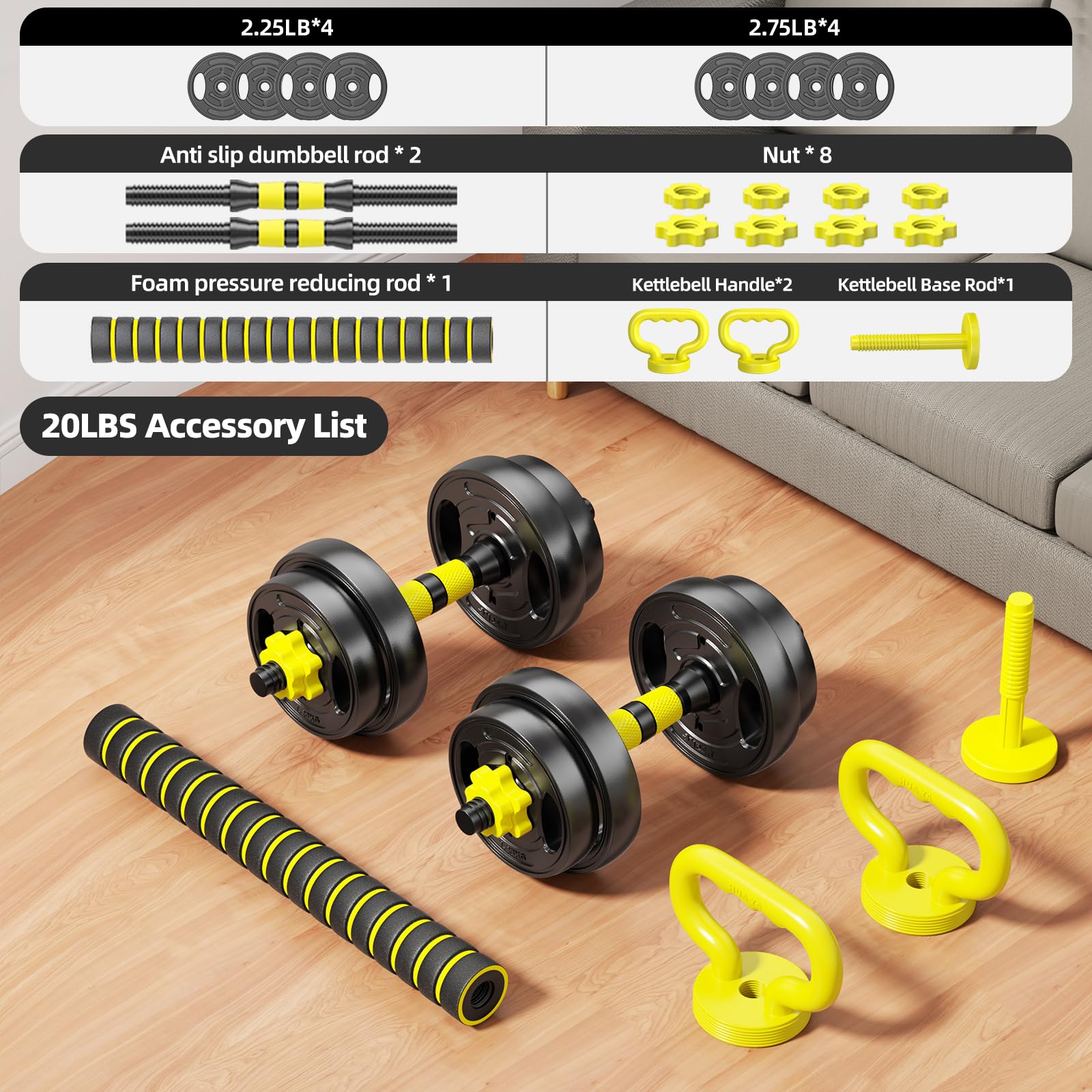 Set di manubri regolabili, pesi liberi da 4,5 a 40,8 kg con connettore, manubri 4 in 1, bilanciere, kettlebell e supporto push-up, set di pesi regolabili per palestra a casa, attrezzature per il