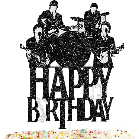 Happy Birthday Cake Topper Music Rock Pop Theme Black Glitter Decor Picks