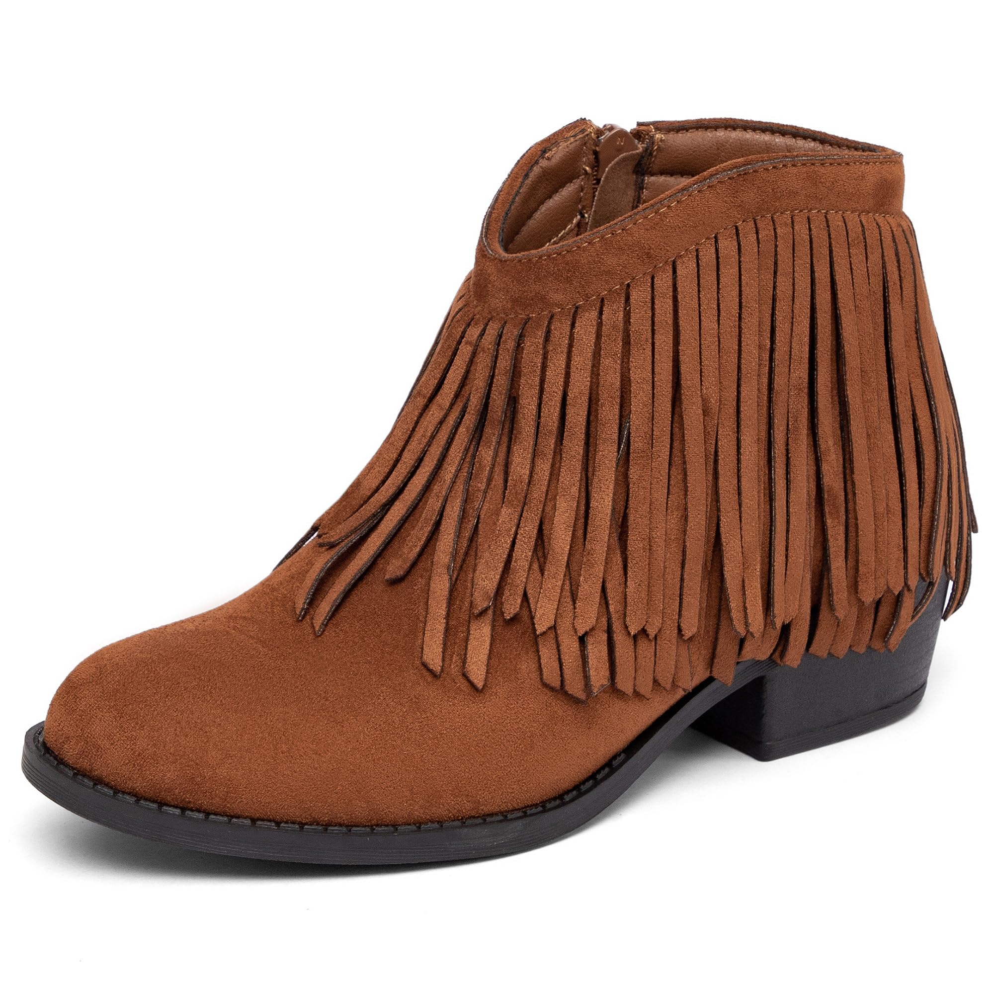 NEWBELLA Womens Western Ankle Boots Faux Suede Fringe Round Toe Low Heel Bootie-Cowboy Boots for Casual Wear