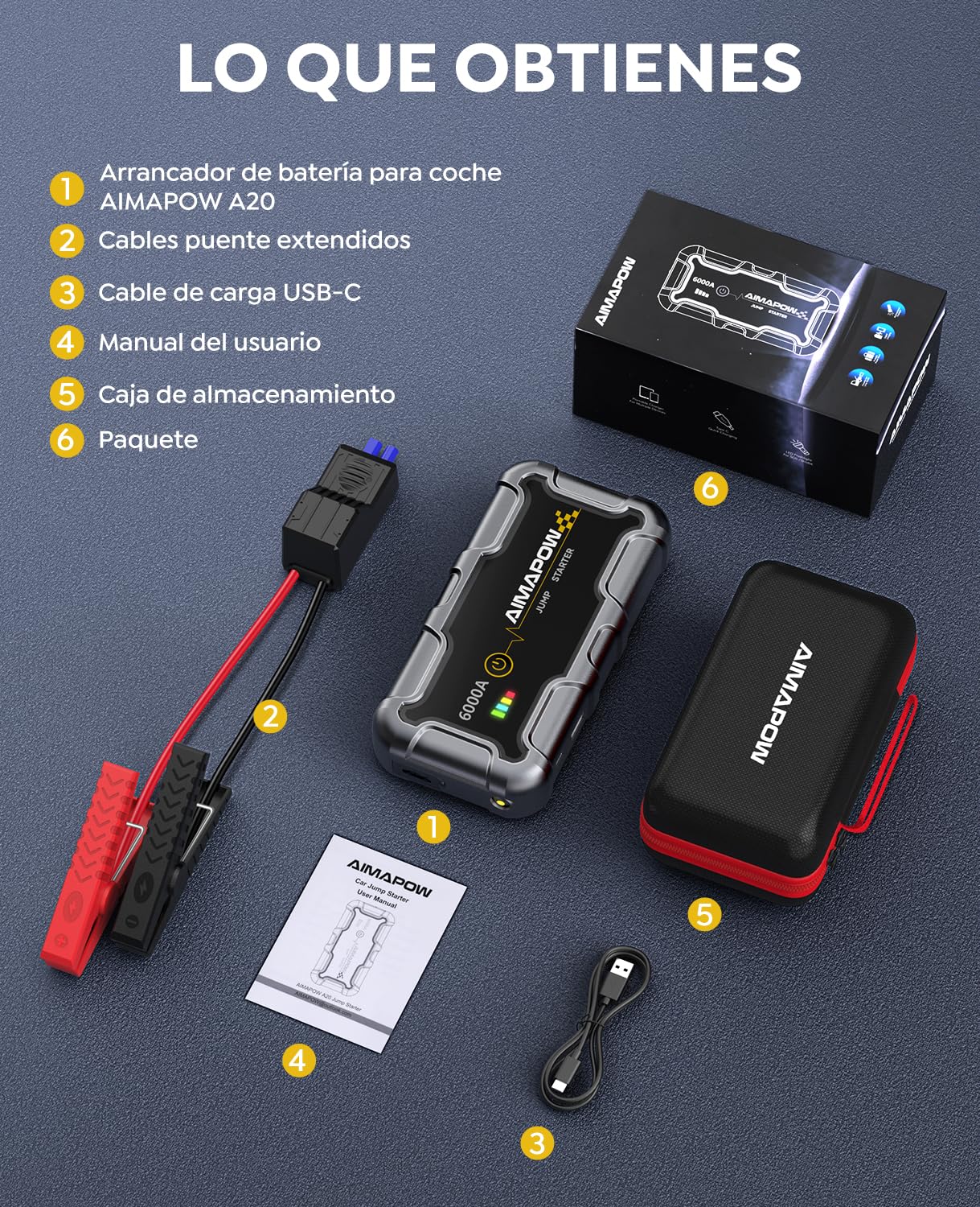 Arrancador de Baterias de Coche, Arrancador de Coches Portatil 6000A, 12V Jump Starter (hasta Todo Gas o Diésel de 10,0L), Clips de Seguridad Inteligentes, LED de 400 Lúmenes, Caja Portátil