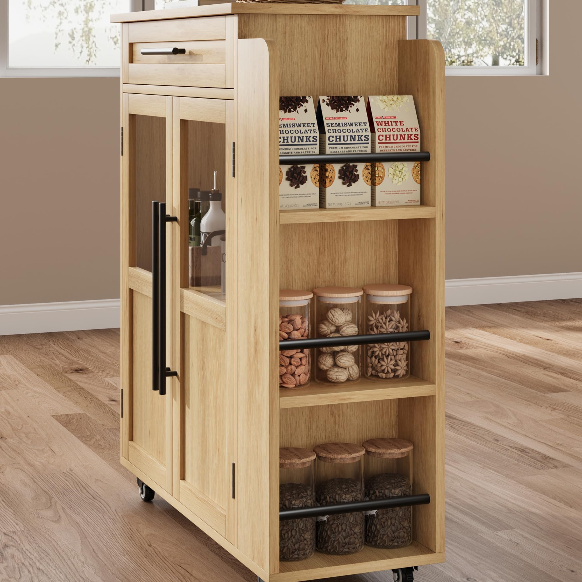Îlot de Cuisine sur roulettes Style Farmhouse, Chariot de Rangement 60 cm - 2 Portes vitrées + 1 tiroir, étagères 3 Niveaux, Range-épices & Porte-Serviettes, Roues verrouillables - Bois