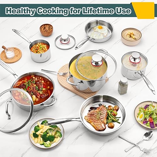 Miniatura 5 de P&P CHEF Juego de ollas y sartenes de acero inoxidable de 3 capas, 10 piezas de utensilios de cocina de acero inoxidable para cocina, juego de