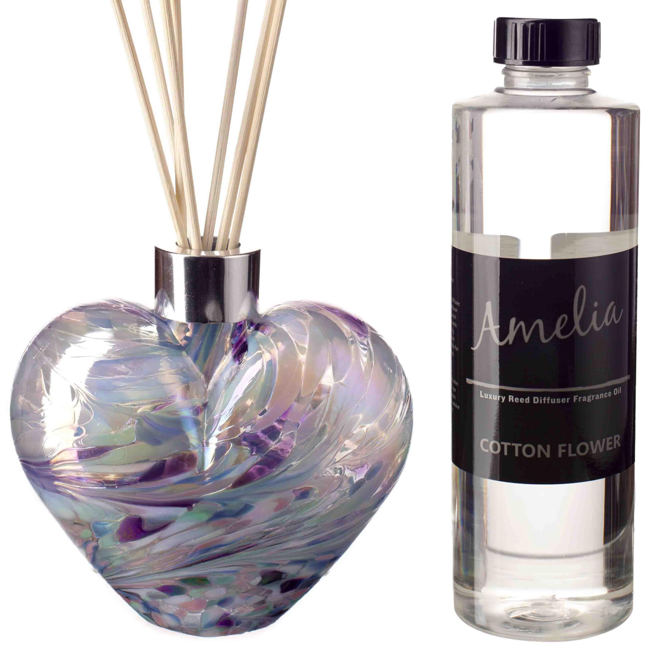 Amelia Art Glass Purple Blue & Pink Reed Diffuser Heart Gift Set - Purple, Blue & Pink With Sweet Pea Fragrance, Height 11.5Cm, Width 12Cm With Reeds 25Cm