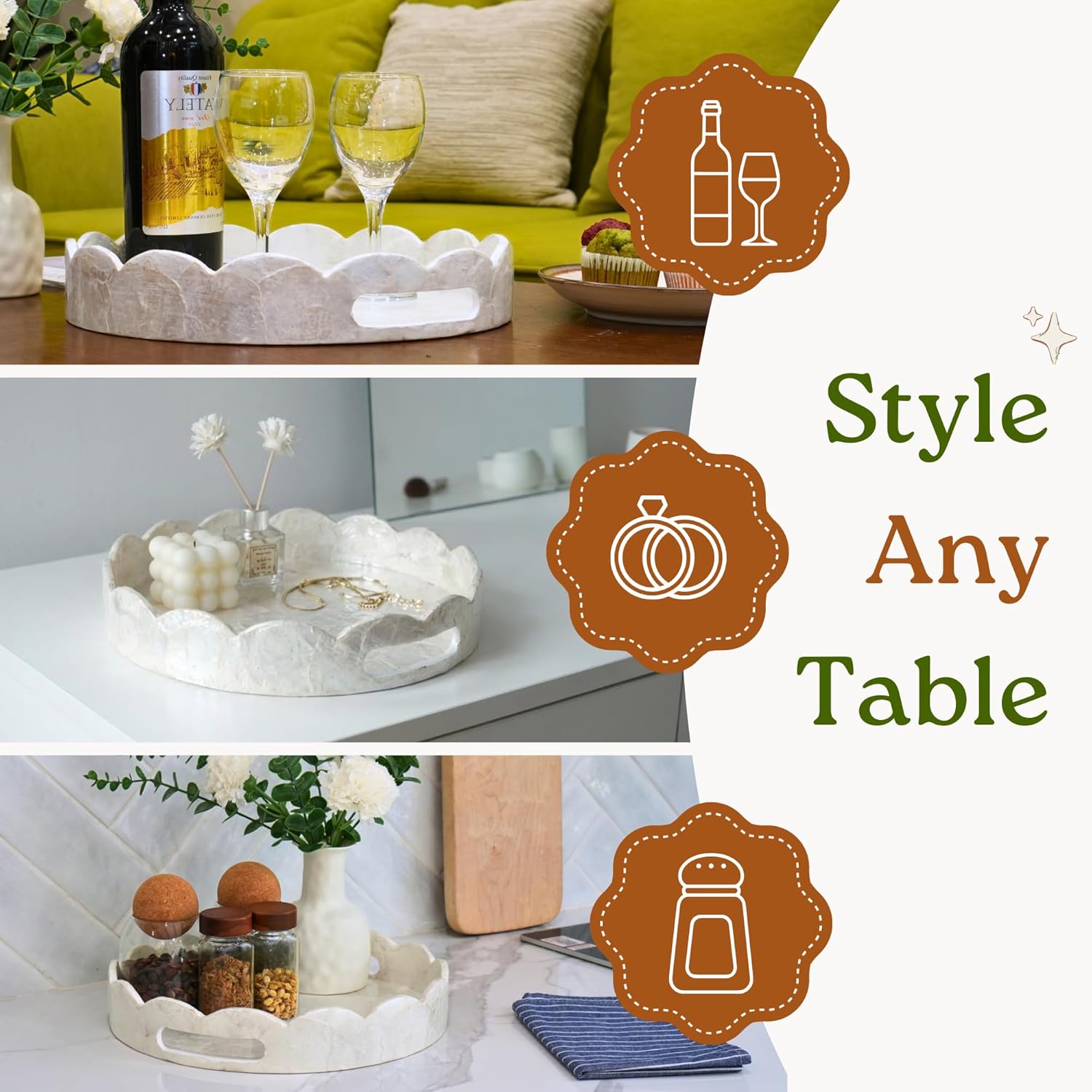 Chi An Home 12.6” White Capiz Shell Round Decorative Tray with Handles, Scalloped Centerpiece for Coffee Table, Decorative Round Tray for Modern Coastal Boho Home Decor