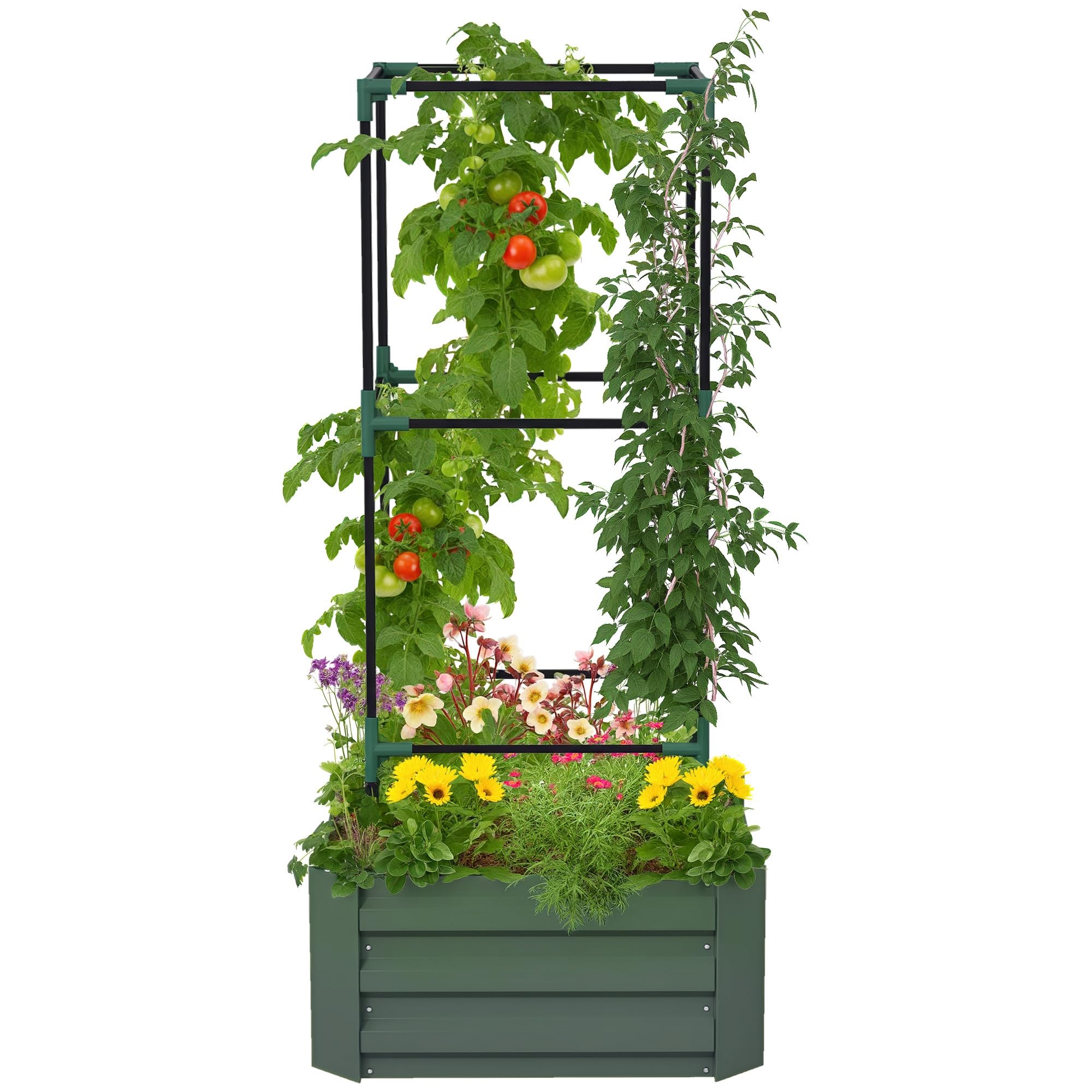 Outsunny Jardinera Exterior Grande de Acero Galvanizado Jardinera de Exterior con Celosía para Plantas Trepadoras y Fondo Abierto para Patio Terraza Balcón 61x61x140 cm Verde