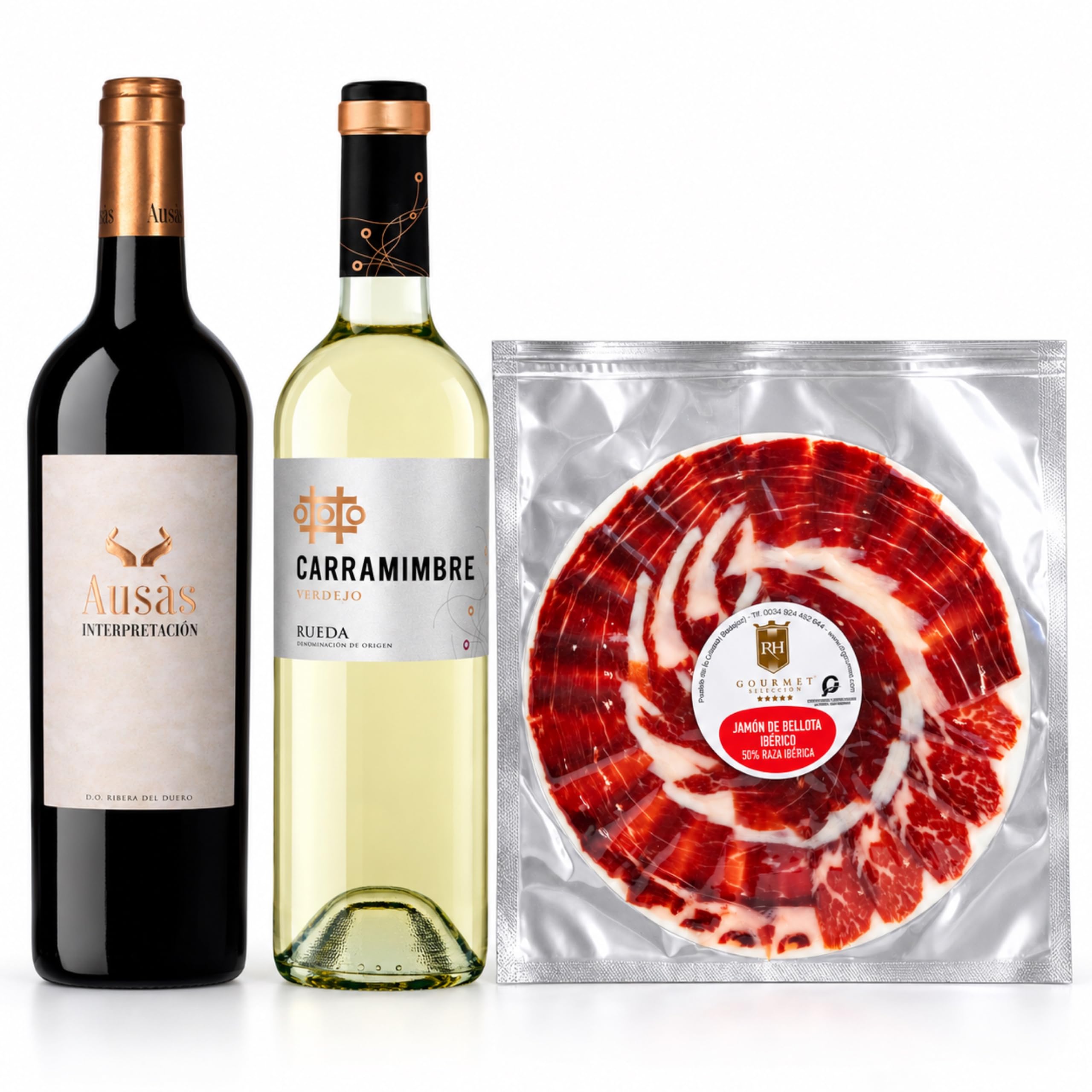 Cesta gourmet Navidad Ausás Interpretación y Carramimbre Verdejo con jamón de bellota ibérico 50% corte a cuchillo 100 g RH Gourmet, pack de 2 botellas 75 cl