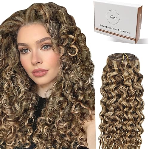 Hetto Curly Clip in Hair Extensions Curly Hair Extension Natural Wavy Clip in Human Hair Extensions #P4/27 Brown Highlight Blonde 14 Inch 7Pcs 120g