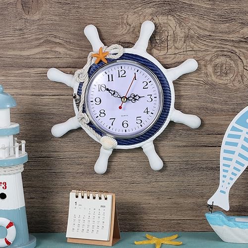 Miniatura 6 de BESPORTBLE Reloj de pared con forma de rueda de barco, reloj de pared decorativo para decoración náutica de habitación de guardería, dormitorio