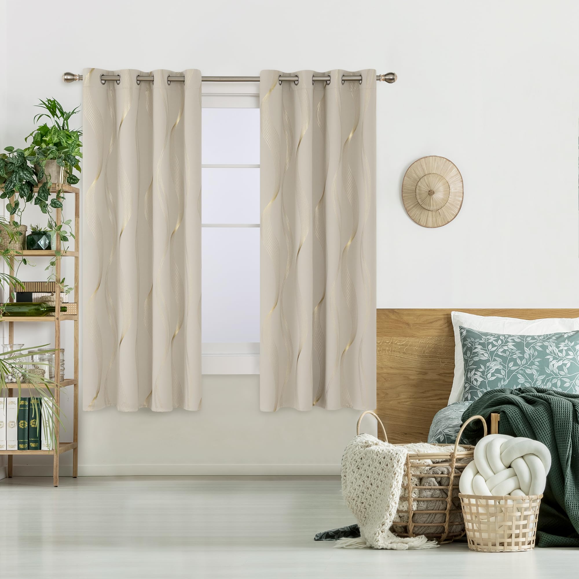 Deconovo Blackout Eyelet Curtains Thermal Insulated Gold Wave Line Foil Printed Curtains for Bedroom 66x72 Inch Beige 2 Panels - Image 2