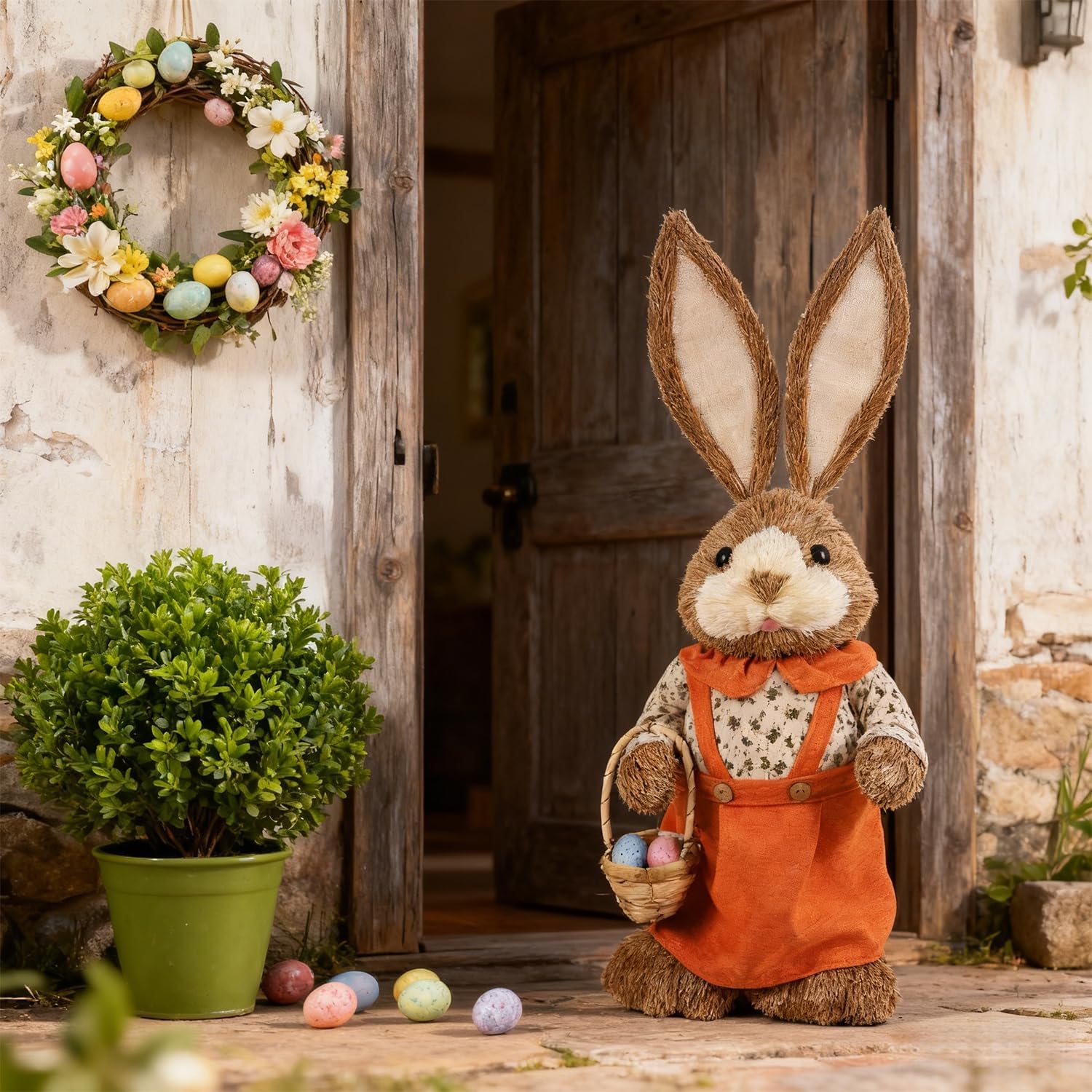 Juegoal Easter Bunny Decor, 32"(2.6FT) Large Standing Sisal Rabbit Figurine, Handmade Easter Straw Mrs. Bunny Statues, Cute Photo Props Gifts for Farmhouse Spring Home Porch Decorations