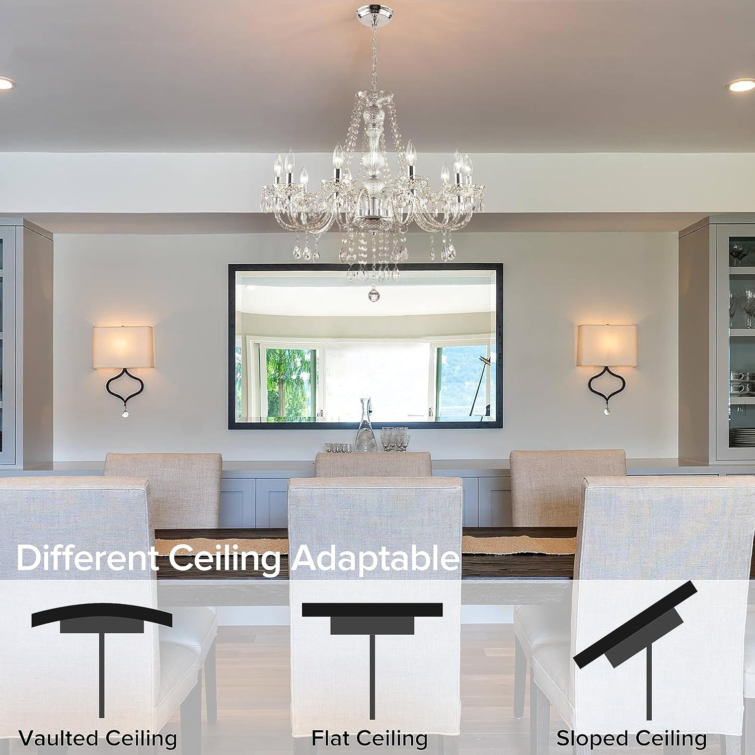 PAPAYA Crystal Chandeliers Clear Chandelier 25 * 27.5in 10-Light Modern Pendant Ceiling Lighting Fixture with Acrylic Crystals & Beads for Girls Room,Living Room,Kitchen Island,Entryway