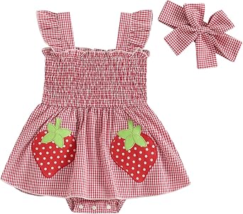 One opening Baby Girl Summer Clothes Romper Dress Plaid Outfit Newborn 3 6 12 18 Months Onesie Smocked Bodysuit Infant Outfit