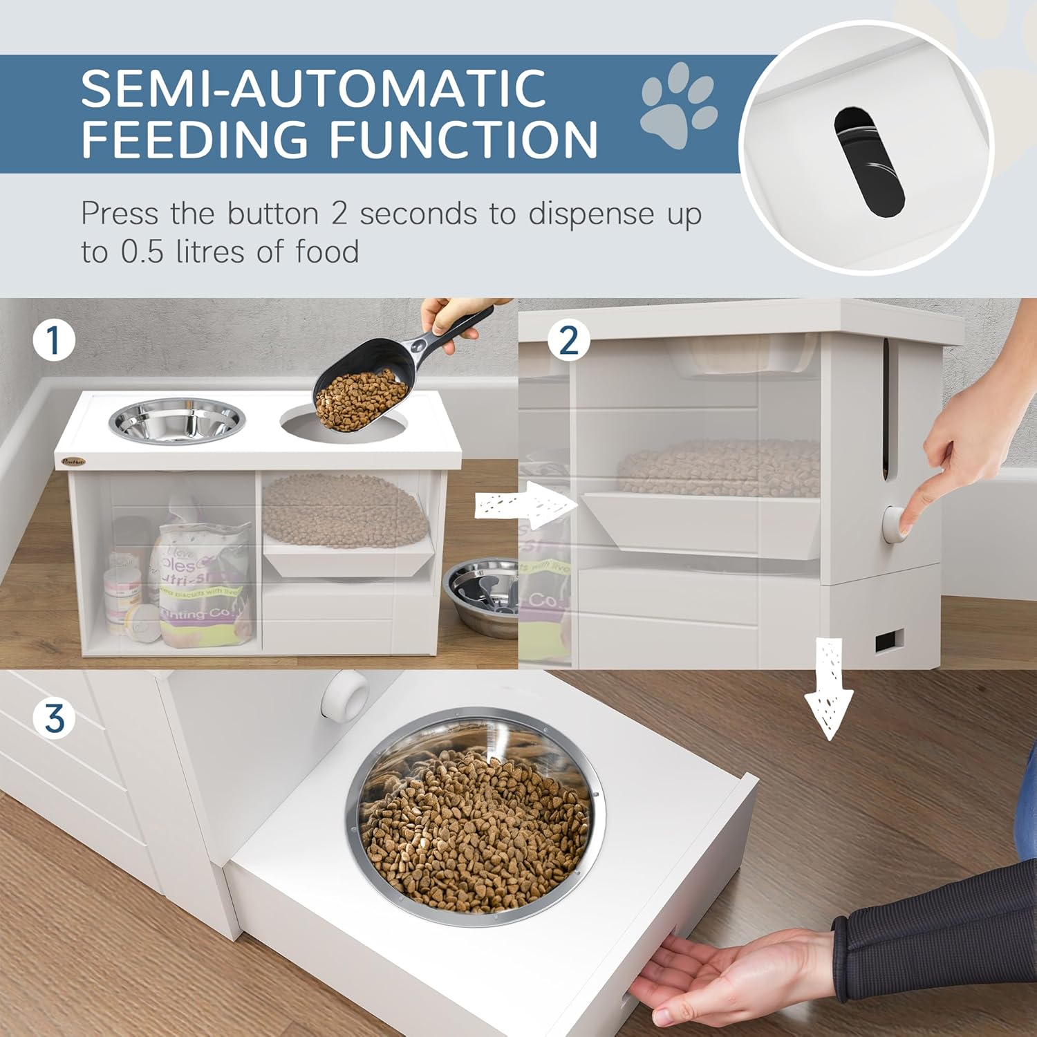 PawHut Elevated Dog Bowls with Semi-Auto Dispenser & Slow Feeder Mat, Pet Feeding Station with 3 Stainless Steel Bowls, Storage Cabinet, Raised Pet Bowls for Large & Extra Large Dogs, White
