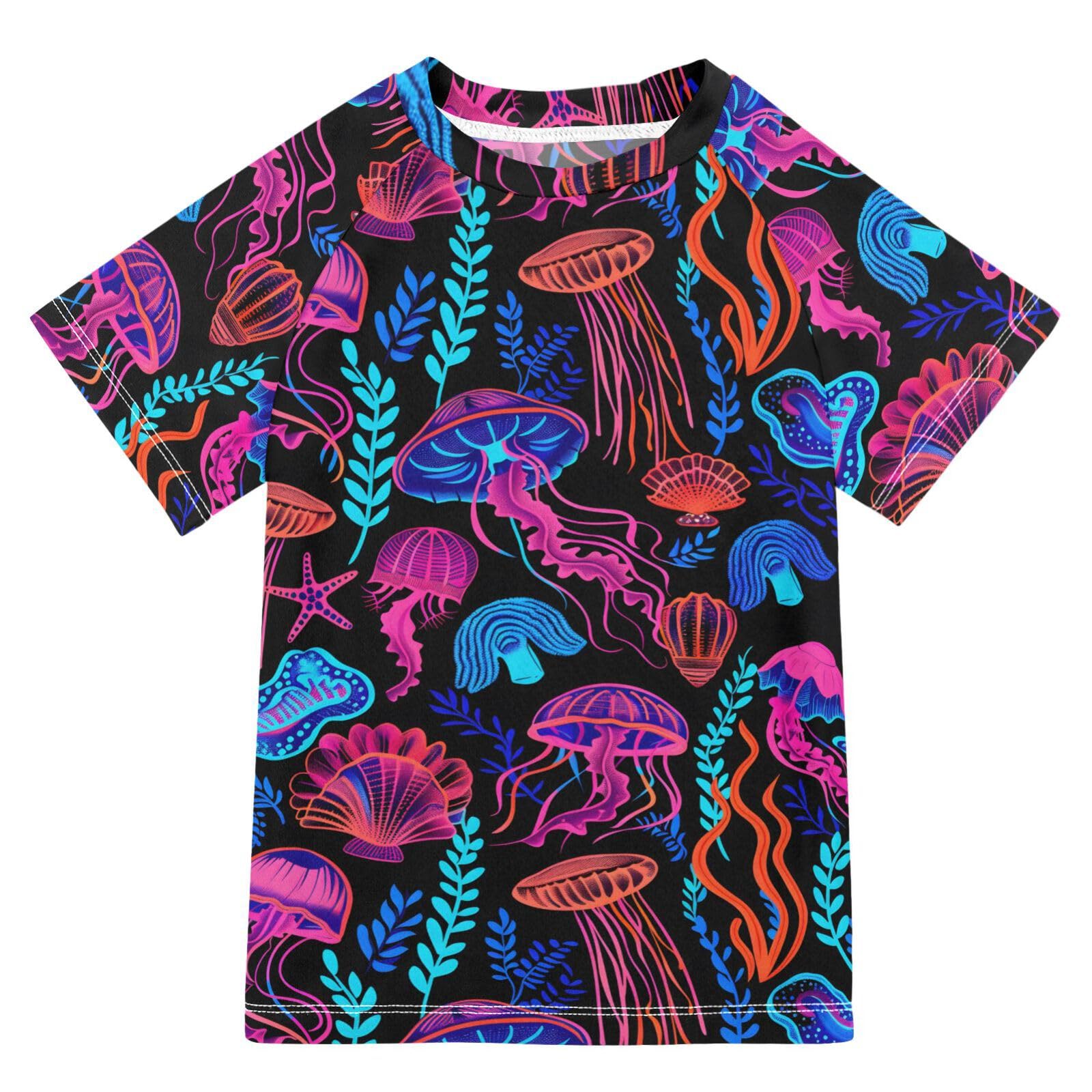 ALAZA Kids Rash Guard Boys Toddler Swim Shirts Short Sleeve Jellyfish Neon UPF 50+ 3T