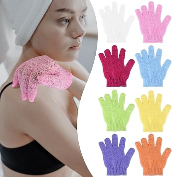 Exfoliating Gloves, 2 Pcs Nylon Bath Gloves with Hanging Loop, Long-lasting Loofah Body Scrub for Men & Women, White