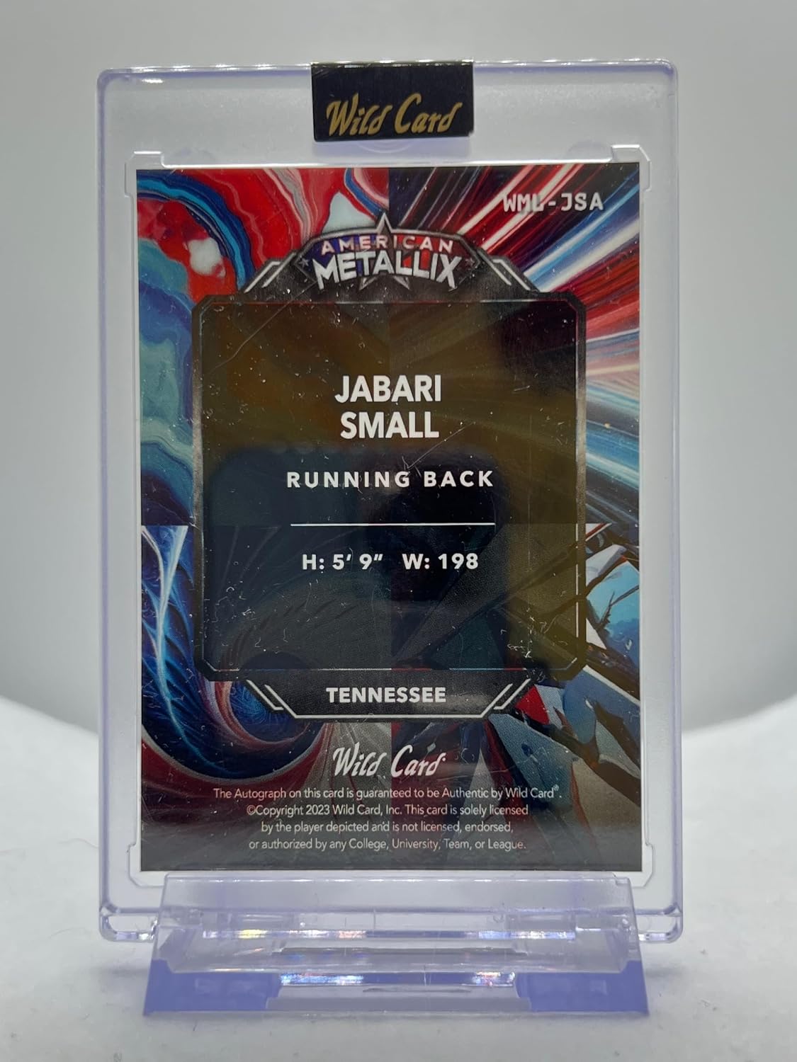 Jabari Small Autographed & Serial Numbered #5/6 Red & Blue AutoLight Sparkles Foil Board Auto Collectible Football Card - 2023 Wild Card American Metallix Football Card #WML-JSA (Titans)