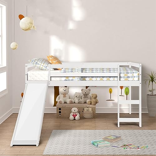 Harper & Bright Designs Kids Low Loft Bed with Slide, Twin Size Wooden Loft Bed Frame, White