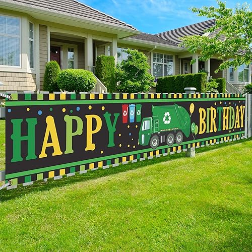 Cartel de feliz cumpleaños de camión de basura, globos de fondo para gestión de residuos, papelera de reciclaje, decoración temática para decoración