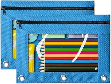 V-Opitos 2 Pack Sky Blue 3-Holes Zipper Pencil Pouches for 3 Ring Binder