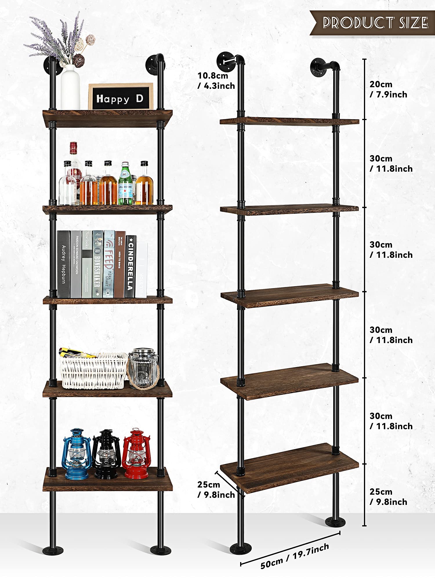 Buy 5 Tier Modern Bookcase Wall Mount Ladder Bookshelf Industrial Pipe