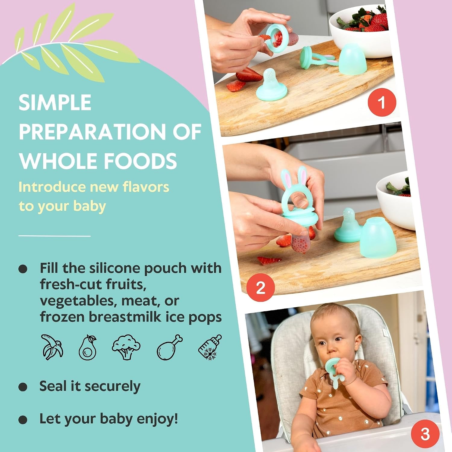 Vesta Baby Fresh + Frozen Food Feeder - 2 Sizes Soft Silicone Push Pop Fruit Nibbler for Safe Infant Self Feeding - Solid Foods Weaning & Teether Set - Bunny Teething Relief Toy for Babies 4M+