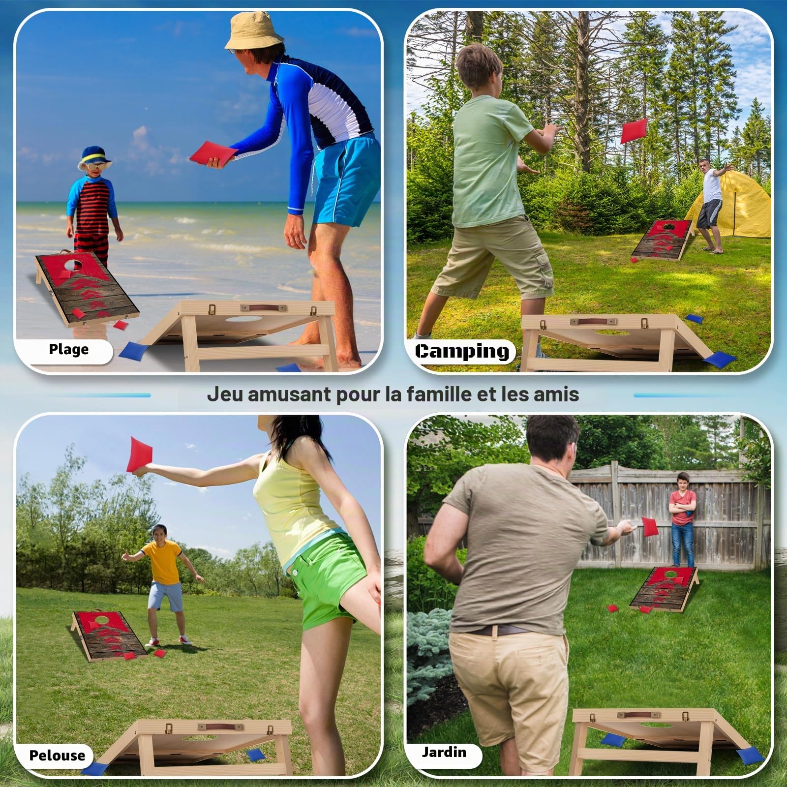 NZQXJXZ Cornhole Jeu Complet Pliable Sac Cornhole pour l'extérieur Jeux Extérieurs avec 6 Sacs de Haricots et Sac de Transport pour Les Enfants, Le Jardin, la Pelouse