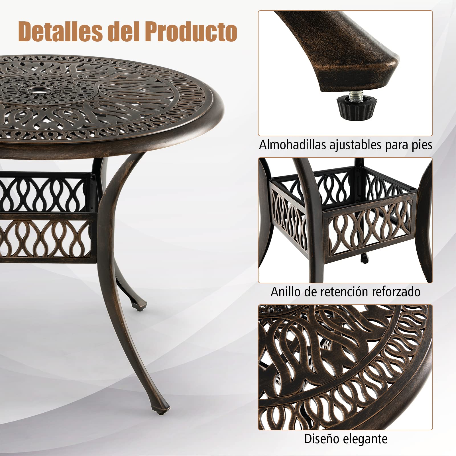 COSTWAY Mesa Jardin Exterior 90x74 cm, Agujero de Sombrillas, Mesa Redonda Terraza, Aluminio Fundido, Balcon Jardin Terraza Exterior, Carga 91kg, Negro y Bronce (Redonda)