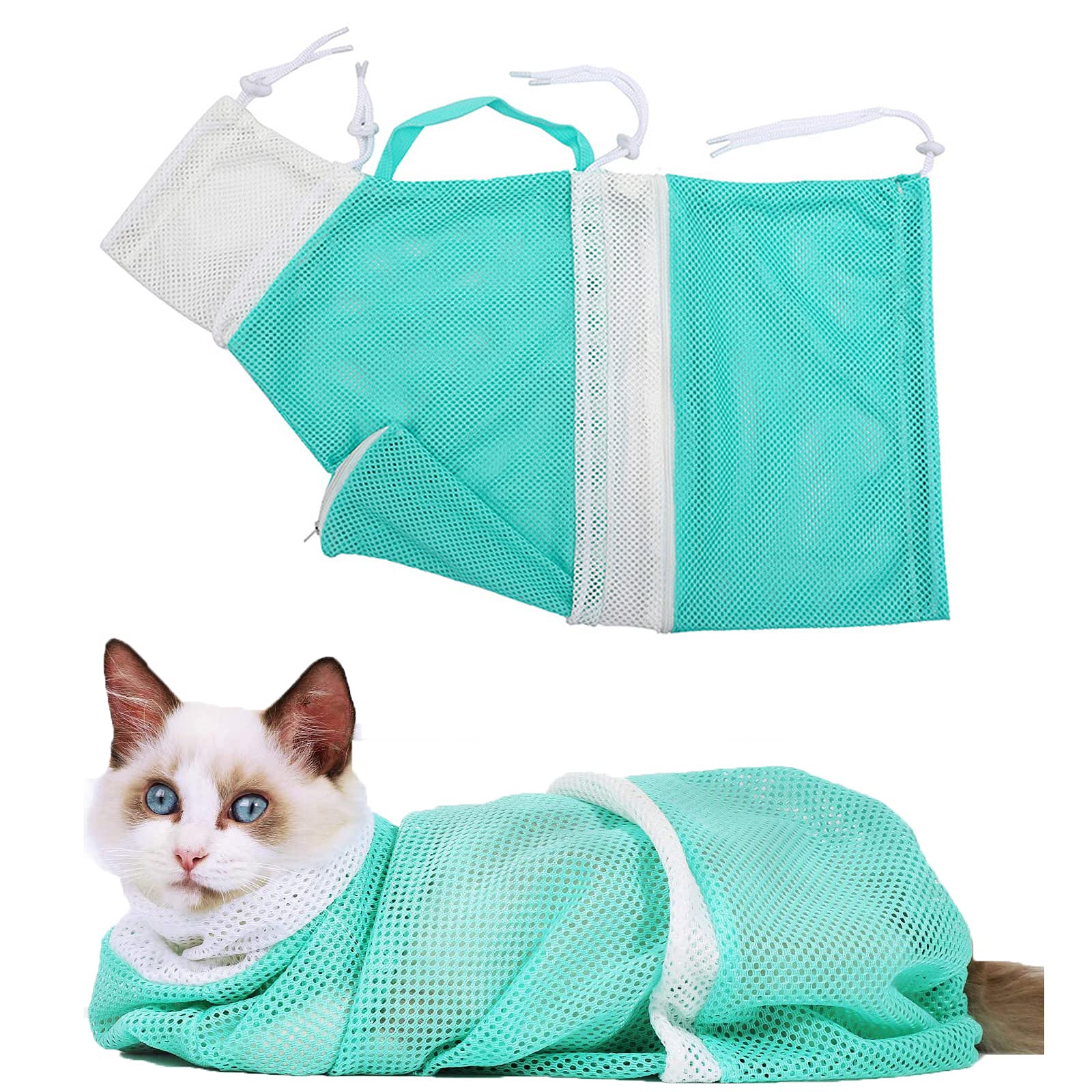Upgrade Cat Bath Bag Puppy Dog Cleaning Shower Bag Adjustable Anti-Bite and Anti-Scratch Polyester Cat Grooming Bag (Green)