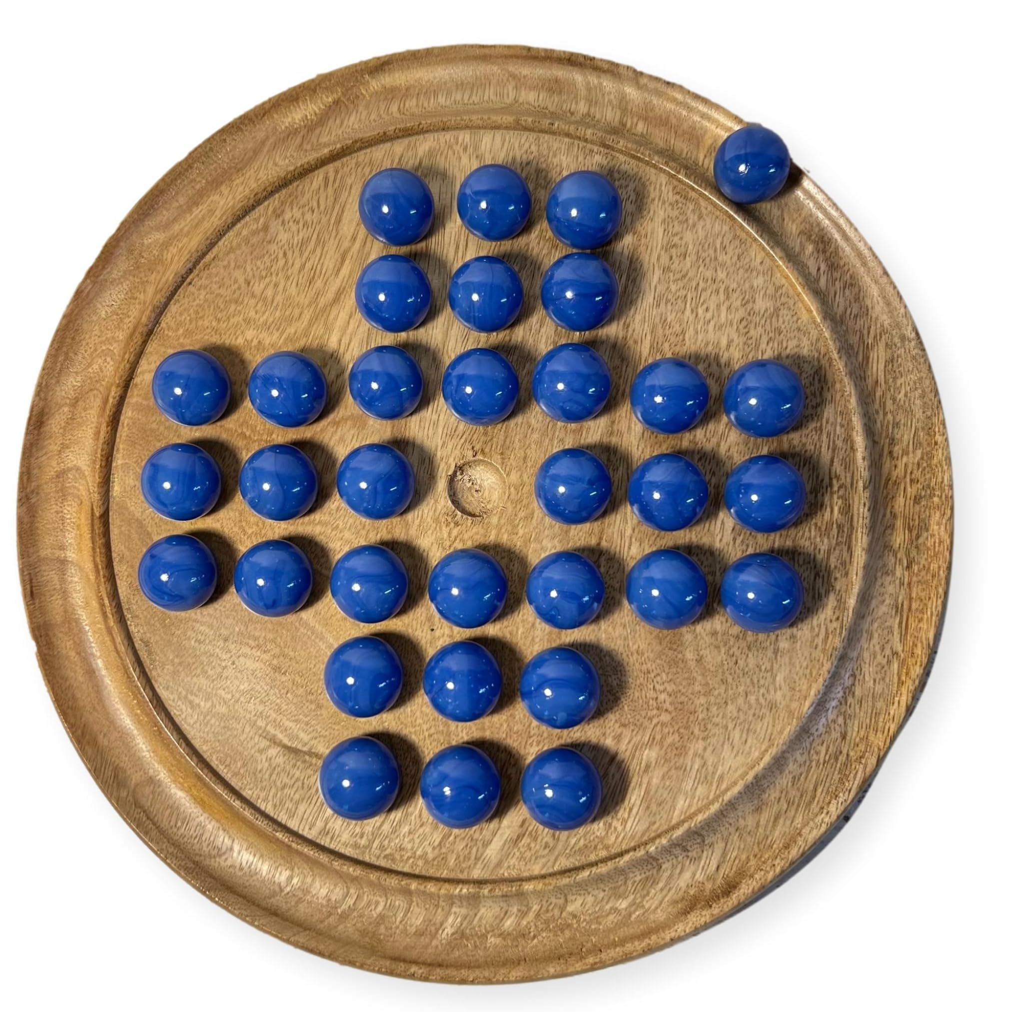 Jeu de société Mango en bois marron clair de 30 cm de diamètre avec billes en verre bleu opale | | jeu classique de solitaire en bois | jeu de société de stratégie | jeu de société familial | jeux