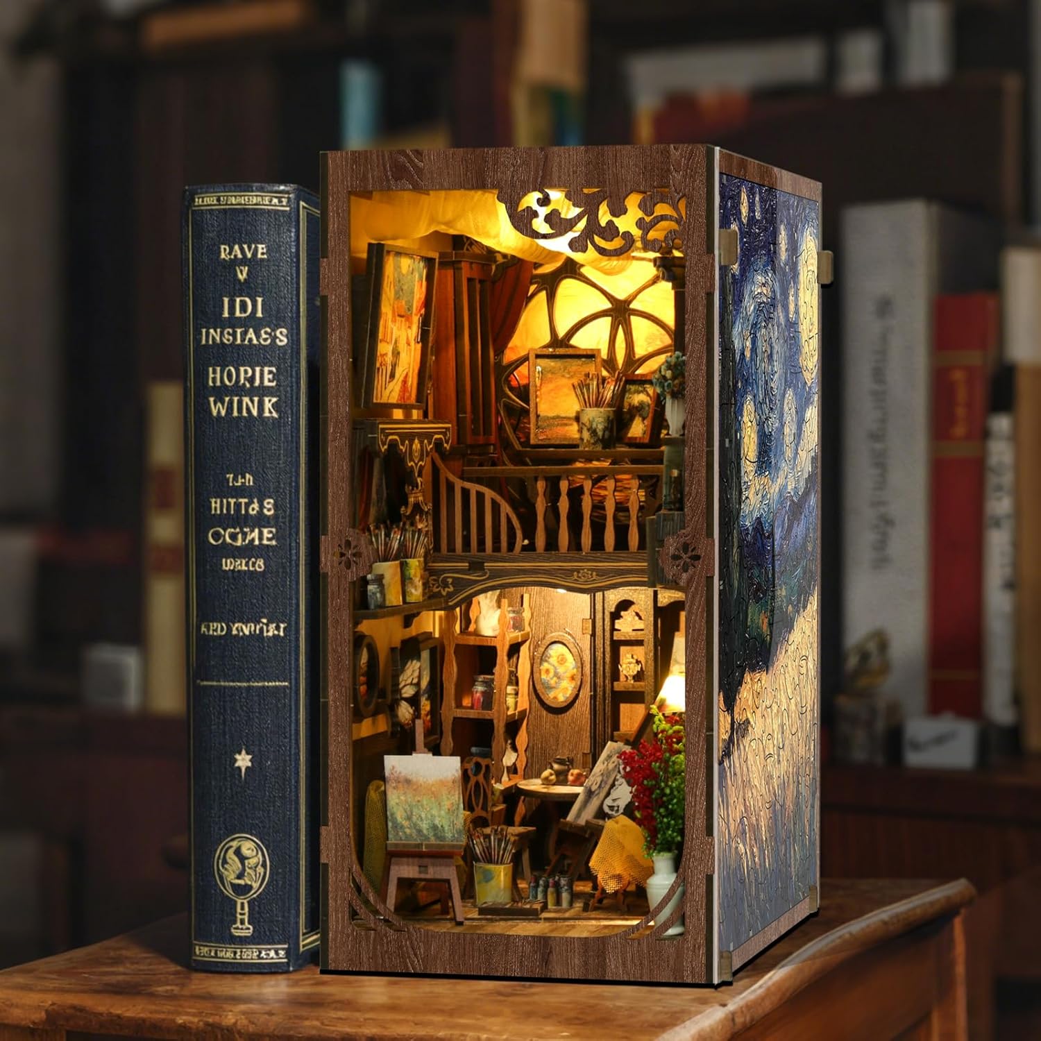 Book Nook Kit - DIY Miniature Dolls House Kit with Furniture and LED Light, 3D Puzzle Wooden Art Bookends, Model Kits for for Adults and Teens (The World in The Picture Frame)