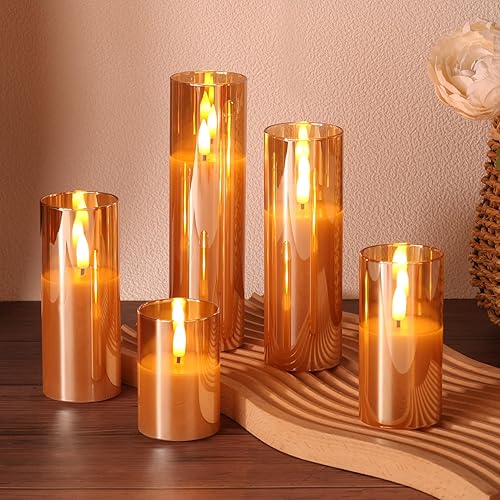 Miniatura 9 de Juego de 5 velas de cristal dorado sin llama con pilas remotas, velas LED delgadas parpadeantes
