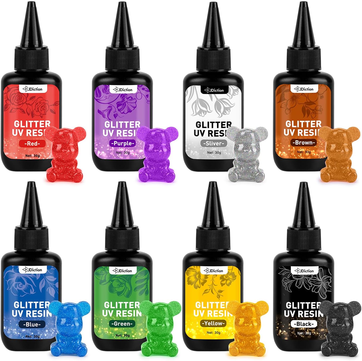 JDiction Glitter Colored UV Resin, 8 Colors Metallic UV Resin with Sparkling Effect, Hard Glitter Resins Kit for Jewelry Making, Colored Casting and Coating, Crafts and Decoration