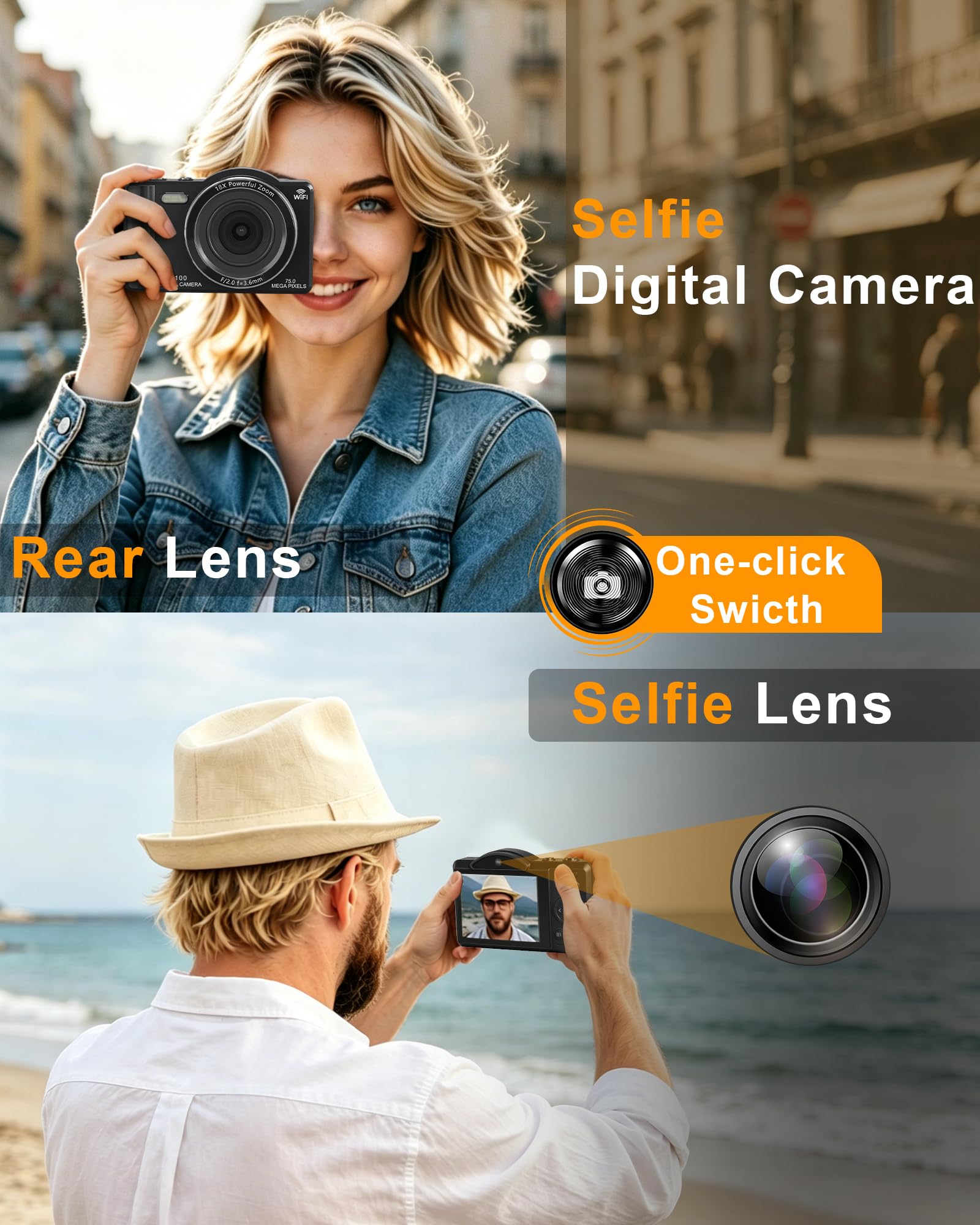 5K 80MP Cámara Digital Camara de Fotos para Vlogs con Wi-Fi, Cámara Compacta con Pantalla LCD de 2.8", Autofoco, Zoomdigital 18X, Tarjeta 64GB Incluida, Selfies Cámara para Principiantes Adolescentes
