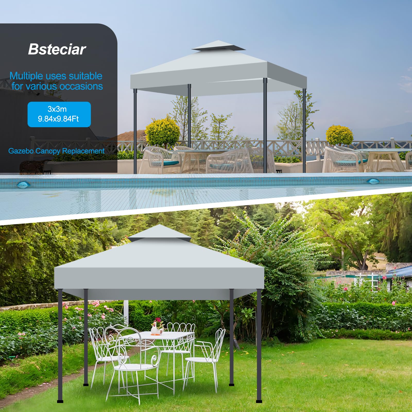 3x3m Pavillon Ersatzdach Wasserdicht Doppeldach mit Air Vent, UV-Beständig, 300D Polyester Gartenpavillon Ersatzbezug Pavillondach für Garten, Camping, Grillen (Grau)