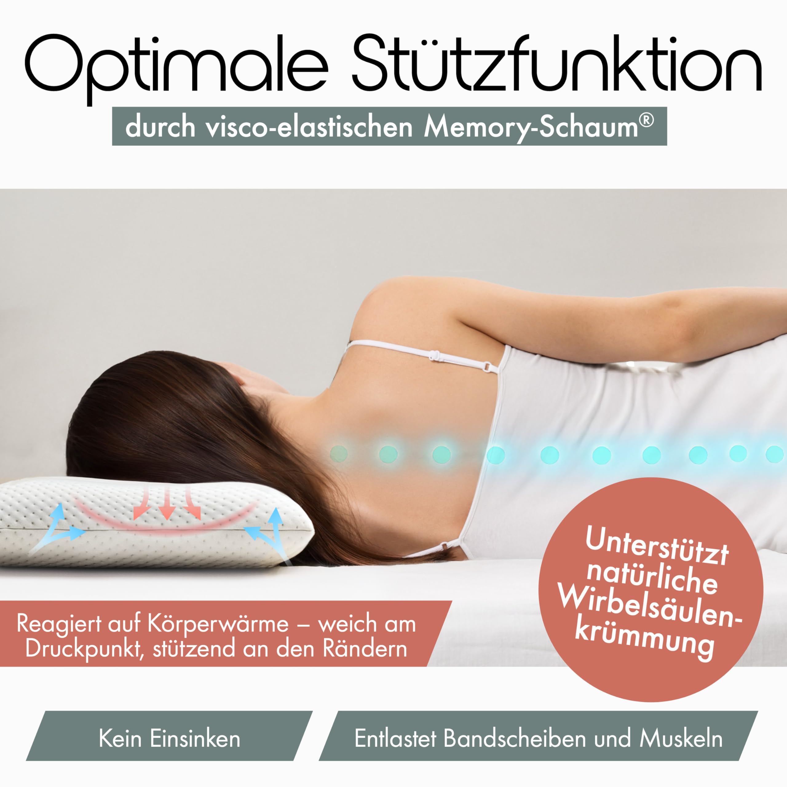 Blumtal Nackenstützkissen aus Memory Foam – Memory Foam Kopfkissen 70x36cm, Kopfkissen mit waschbarem Bezug, Oeko-TEX Zertifiziert, Nackenkissen für alle Schlaftypen 8,5 cm Höhe